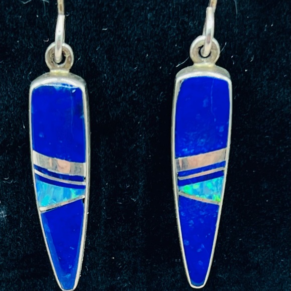 Lapis & Opal Sterling Silver Earrings - Navajo Silversmith Kenneth Bitsie 4.6 g - Picture 2 of 5